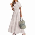 thumbnail image 1 of utcoco Womens Casual Short Sleeve Button Down Tie Waist Ruffled Striped Maxi Shirt Dress, 1 of 7