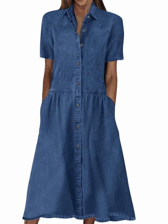 Womens Denim Dress Lapel Short Sleeve Frayed Hem Jean Dresses Oversized Button Down A Line Shirt Dress