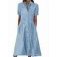 thumbnail image 1 of utcoco Womens Denim Dress Lapel Short Sleeve Frayed Hem Jean Dresses Oversized Button Down A Line Shirt Dress, 1 of 7