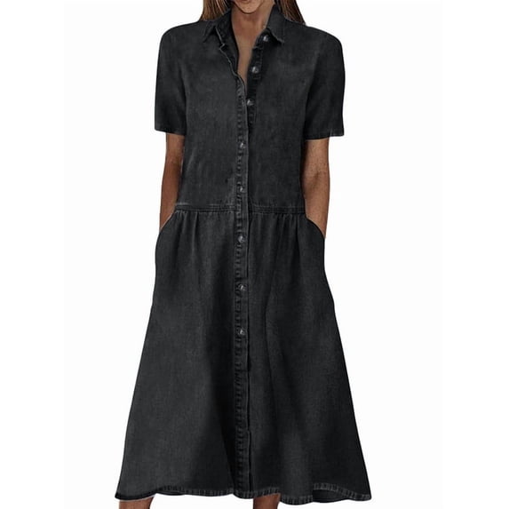 utcoco Womens Denim Dress Lapel Short Sleeve Frayed Hem Jean Dresses Oversized Button Down A Line Shirt Dress