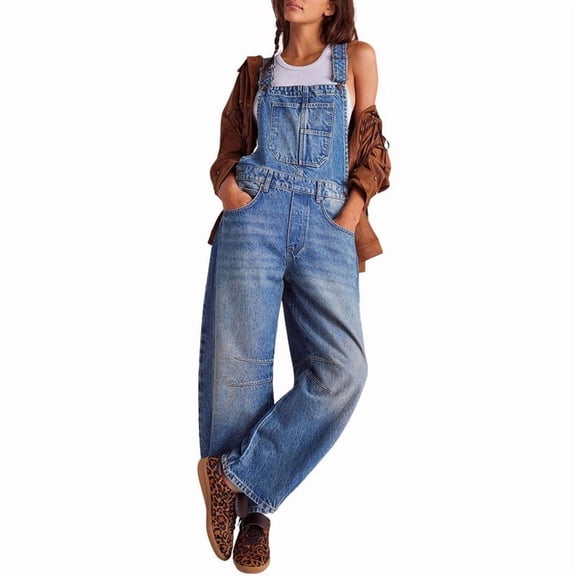 utcoco Womens Denim Overalls Loose Fit Barrel Leg Adjustable Strap Hip Hop Jean Jumpsuits