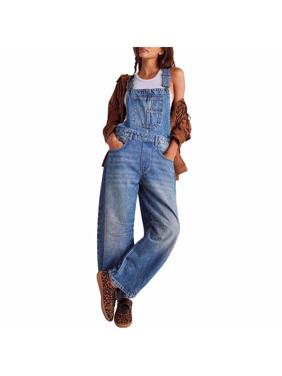 Womens Denim Overalls Loose Fit Barrel Leg Adjustable Strap Hip Hop Jean Jumpsuits