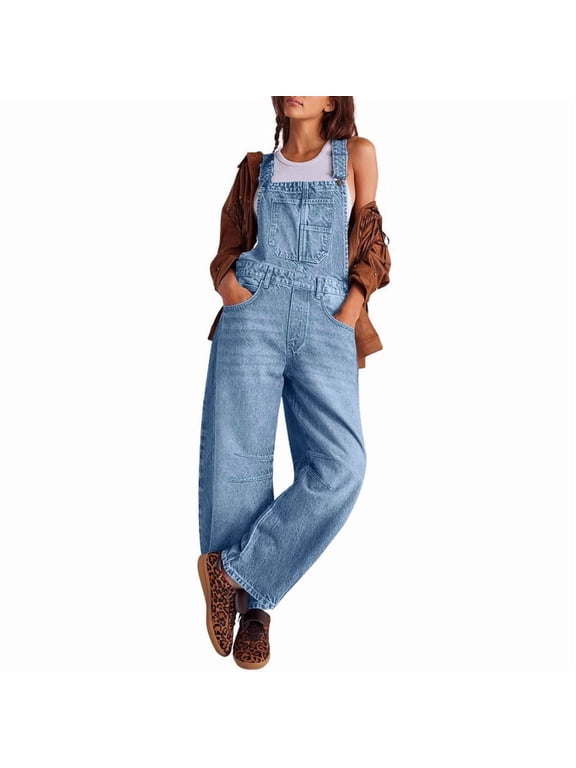 Womens Denim Overalls Loose Fit Barrel Leg Adjustable Strap Hip Hop Jean Jumpsuits