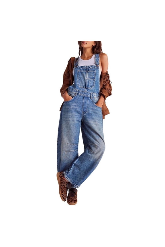 Womens Denim Overalls Loose Fit Barrel Leg Adjustable Strap Hip Hop Jean Jumpsuits