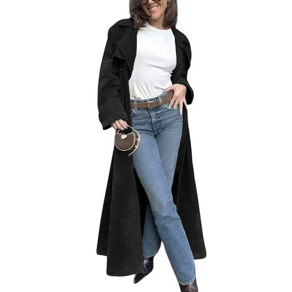 utcoco Womens Faux Suede Notched Lapel Long Trench Coat