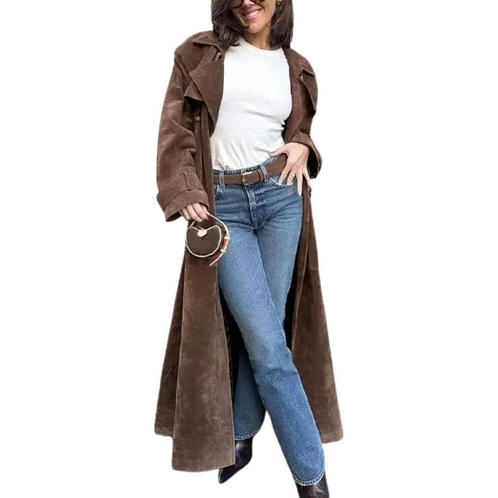 Women's Faux Suede Long Trench Coat – Embroidered Lapel, Double-Breasted, Belted, For Fall & Winter
