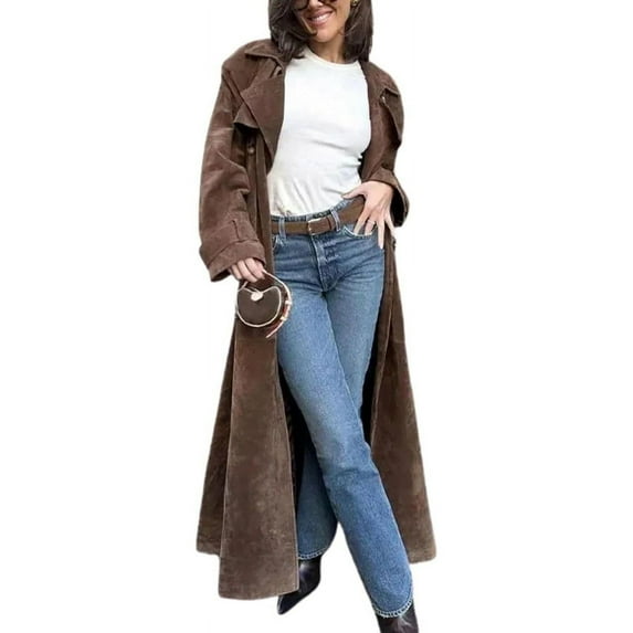 utcoco Womens Faux Suede Notched Lapel Long Trench Coat