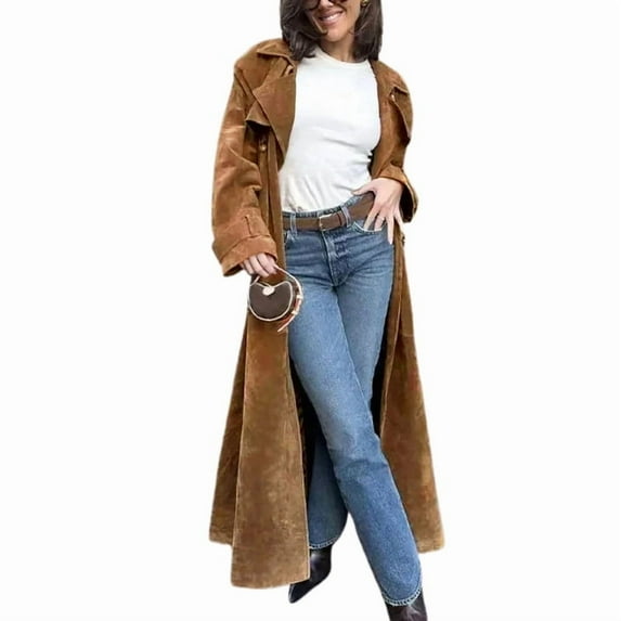 utcoco Womens Faux Suede Notched Lapel Long Trench Coat