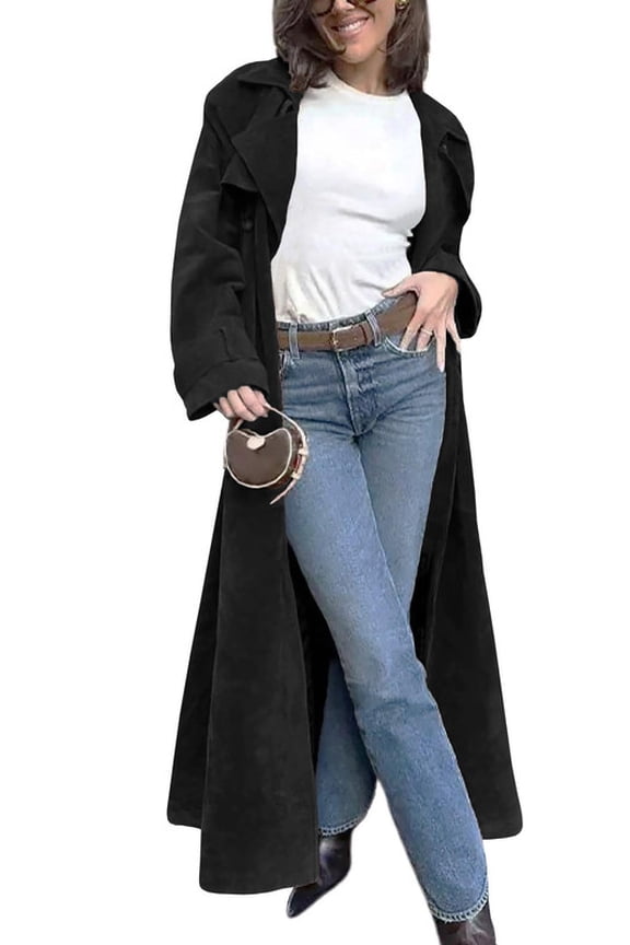Womens Faux Suede Long Trench Coat Notched Lapel Double Breasted Pea Coat Overcoat with Belt