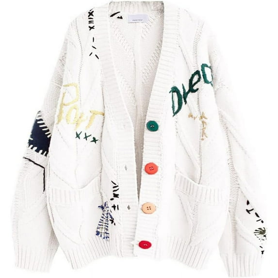 utcoco Womens Graffiti style Embroidery Cardigan Long Sleeve Sweaters
