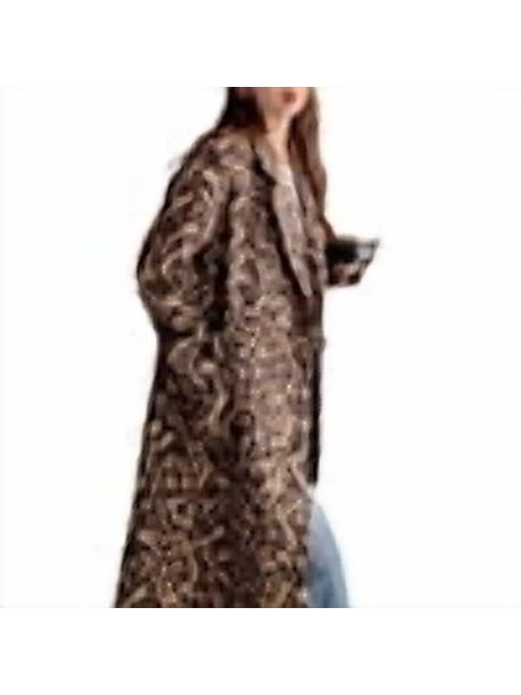 Womens Leopard Long Wool Trench Coat Notched Lapel Double Breasted Pea Coat Winter Warm Overcoat