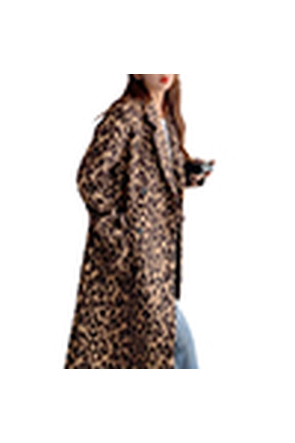 Womens Leopard Long Wool Trench Coat Notched Lapel Double Breasted Pea Coat Winter Warm Overcoat