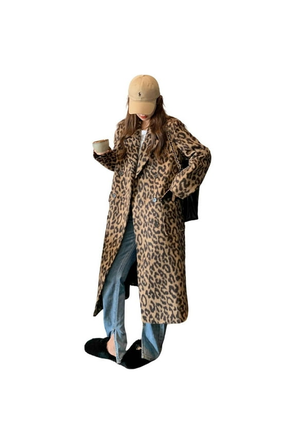 Womens Leopard Long Wool Trench Coat Winter Warm Overcoat
