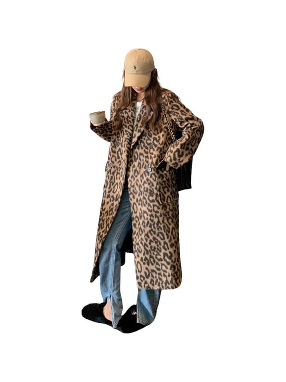 Womens Leopard Long Wool Trench Coat Notched Lapel Double Breasted Pea Coat Winter Warm Overcoat