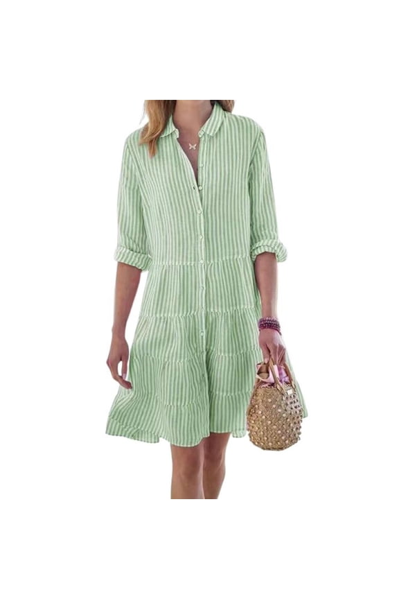 Womens Striped Button Down Midi Shirt Dress Casual Loose Cuffed Long Sleeve Mid Long Dresses