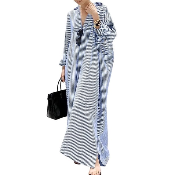 utcoco Womens Striped Long Sleeve Dress Casual Loose Button Down Cotton Maxi Shirt Dress