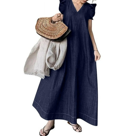 utcoco Womens V-Neck Casual Loose Fit Ruffle Jean Maxi Dresses