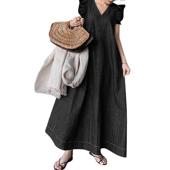 utcoco Womens Long Denim Dress Casual Loose Fit Ruffle Sleeveless V-Neck Jean Maxi Dresses for Women 2026