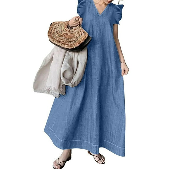 utcoco Womens V-Neck Casual Loose Fit Ruffle Jean Maxi Dresses