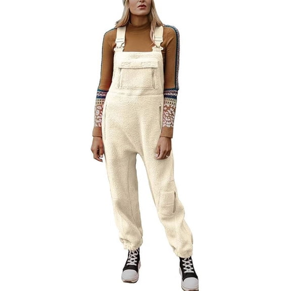 utcoco Womens Winter Fuzzy Fleece Overall Jumpsuits Casual Loose Fit Bib Overalls