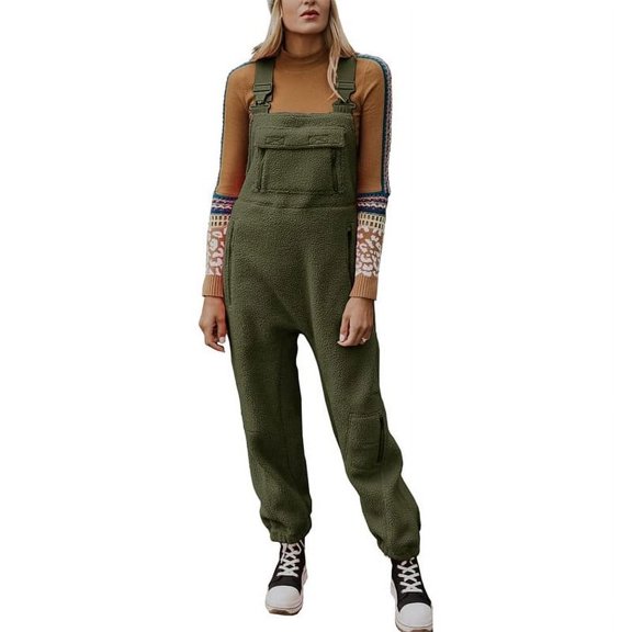 utcoco Womens Winter Fuzzy Fleece Overall Jumpsuits Casual Loose Fit Bib Overalls