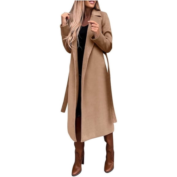utcoco women's open front wool blend trench long coat with belt