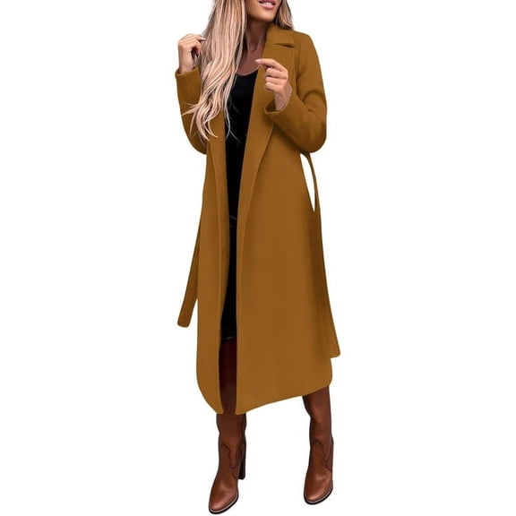 utcoco women's open front wool blend trench long coat with belt