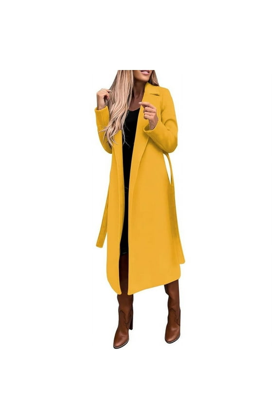 women's open front wool blend trench long coat with belt