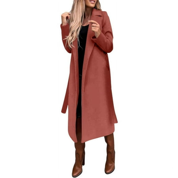 utcoco women's open front wool blend trench long coat with belt