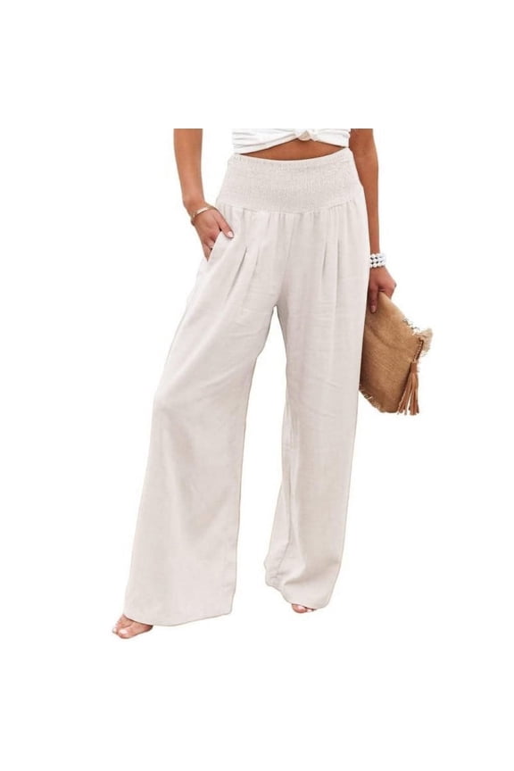 women's wide leg pants casual elastic waist loose linen trousers