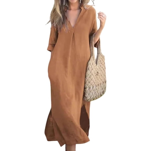 utcoco womens linen long dress V neck casual loose fit cotton dresses ...