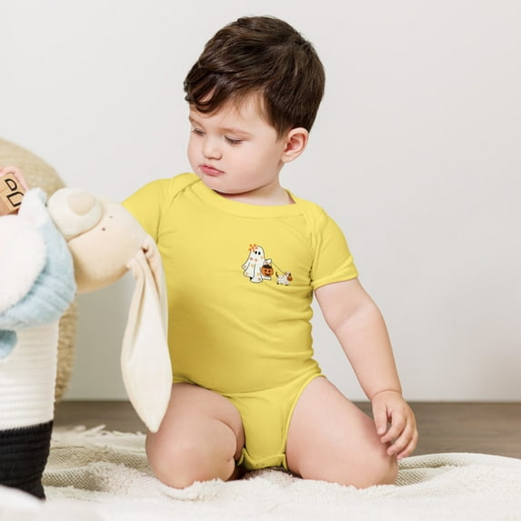 Сute Ghost Walking Dog Baby One Piece, Dog Lovers Halloween, Halloween Dog Shirt, Spooky, Fall, Baby Costume (Yellow, 18-24m)