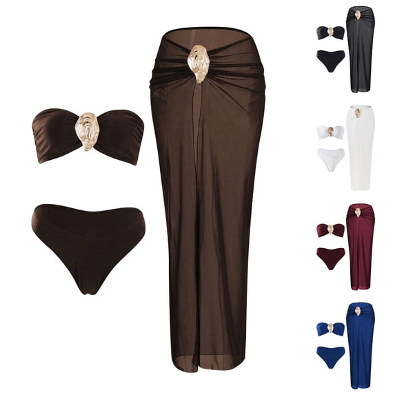 uublik 2 Piece Swimsuit for Women 3 Piece Bikini Set Beach Vacation Bathing Suit with Cover Up Skirt Coffee