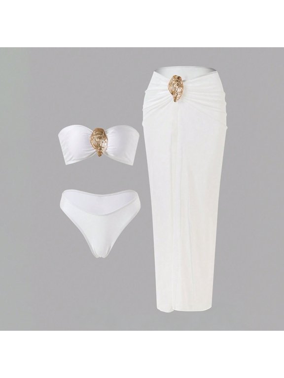 2 Piece Swimsuit for Women 3 Piece Bikini Set Beach Vacation Bathing Suit with Cover Up Skirt White