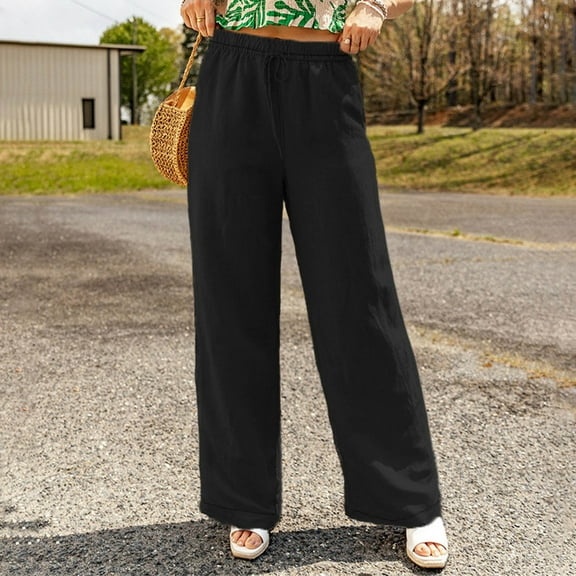 uublik Athletic Pants for Women Black Wide Leg Mid Rise Elastic Waist Loose Casual Long Trousers with Pockets