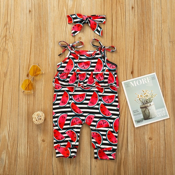 uublik Baby Cute Summer Jumpsuits for Girls Watermelon Stripe Strap Romper Jumpsuit Red, Size 0-2T