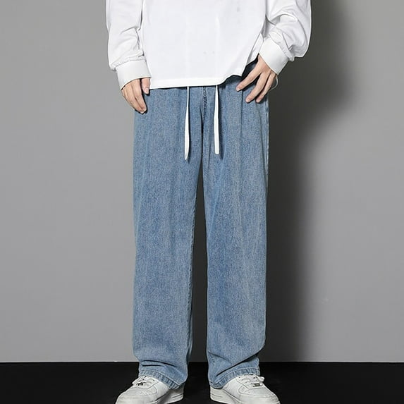uublik Baggy Jeans Men Casual Jeans Straight Wide Leg Fashion Denim Pants Blue