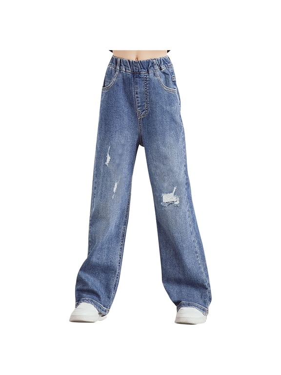 Baggy Jeans for Girls with Pockets Summer Basic Casual Wide Leg Ripped Jeans Blue, Size 4T-16