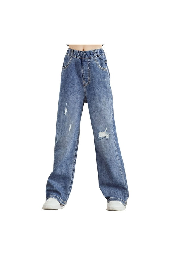 Baggy Jeans for Girls with Pockets Summer Basic Casual Wide Leg Ripped Jeans Blue, Size 4T-16