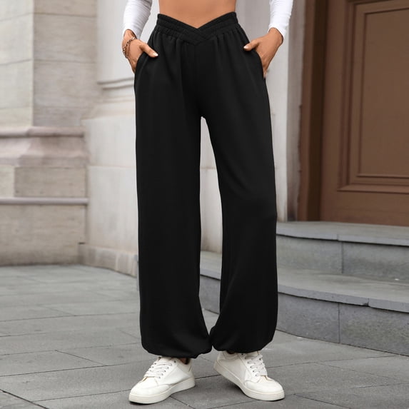 Asgosdo Barrel Pants Women Black Wide Leg Sweatpants High Waisted Baggy Lounge Pants Athletic Joggers with Pockets