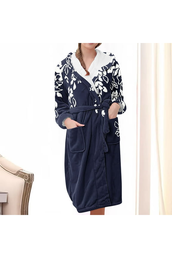Bath Robes Women Flannel Robes Casual Long Sleeves Robes Winter Woman Bathrobe Nightwear Blue