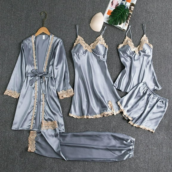 uublik Bathrobe Ladies Pjs Sets 5Pcs Nightgown Cami Shorts Pants Sleepwear Summer Cute Loungewear Gray