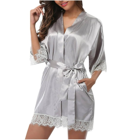 uublik Bathrobe Women Lace Bride Bridesmaid Robes Wedding Party Sleepwear Loungewear Silver