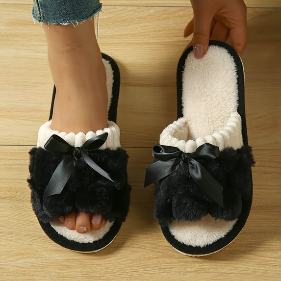 uublik Bed Fuzzy Slippers for Women Bow Open Toe Memory Foam House Shoes Indoor Outdoor Non Slip House Slides, Black