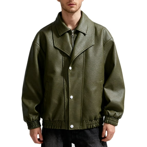 uublik Biker Faux Leather Jacket Men Vintage Faux Leather Outwear Casual Lightweight Green