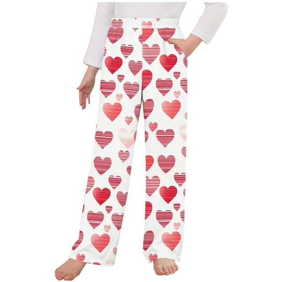 uublik Boys Girls Pants Size 4T-14 Valentine's Day Sleep Pants Soft Elastic Waist Kids Bottoms Love Printed Lounge Pants White