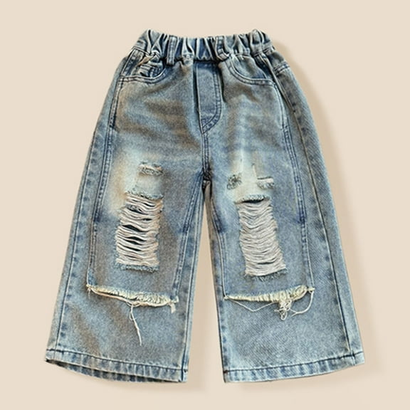 uublik Boys Girls Pants 1-10 Years Kids Ripped Denim Pants Elastic High Waisted Distressed Jeans Blue
