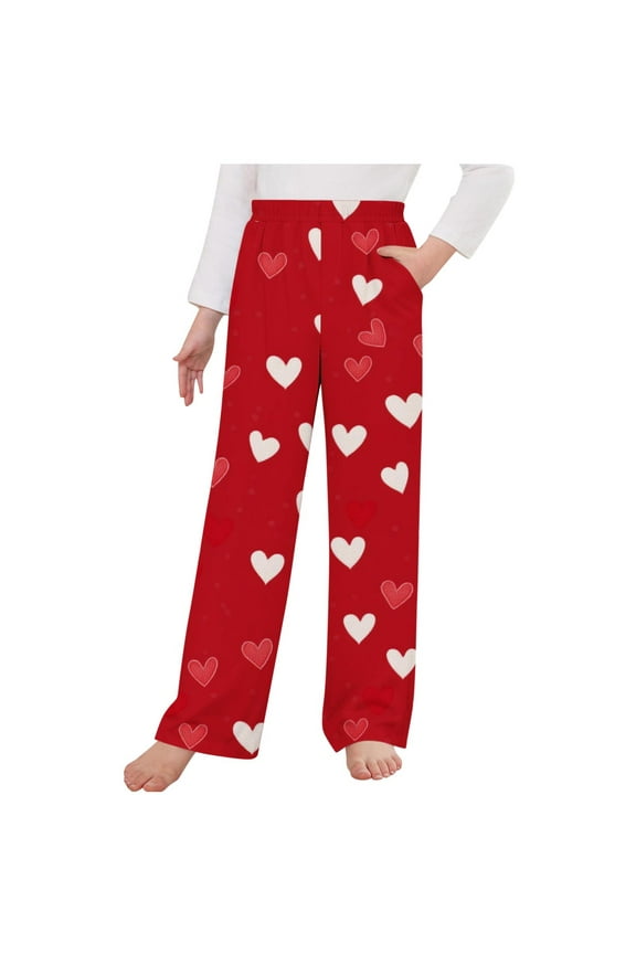 Boys Girls Pants Size 4T-14 Valentine's Day Sleep Pants Soft Elastic Waist Kids Bottoms Love Printed Lounge Pants Red
