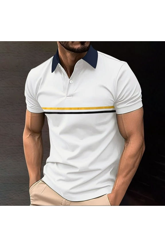 Button Down Shirt Men Short Sleeve Striped Performance Golf Shirts for Men White L