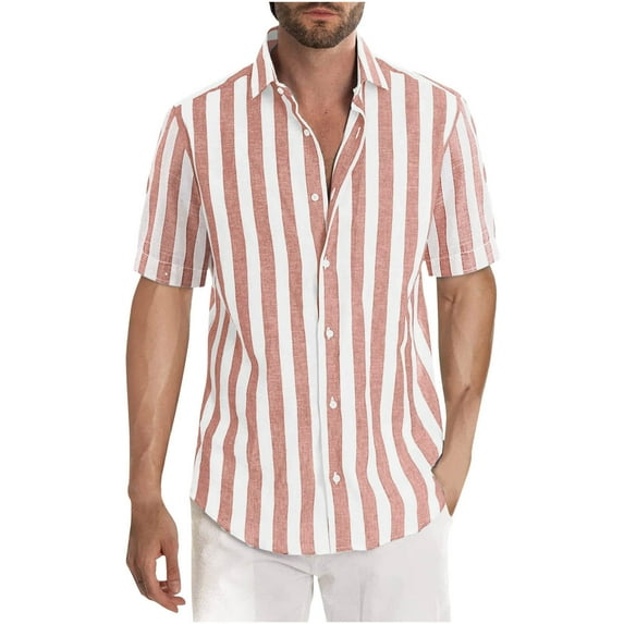 uublik Button Up Shirt Men Short Sleeve Button-Up Striped Dress Shirts Summer Beach Shirt Pink XL